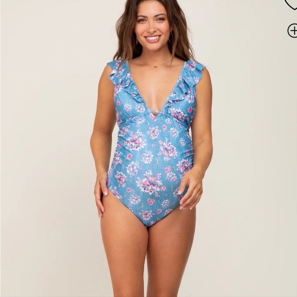Pinkblush Teal Floral Ruffle Maternity One-Piece Swimsuit floral - Picture 3 of 14
